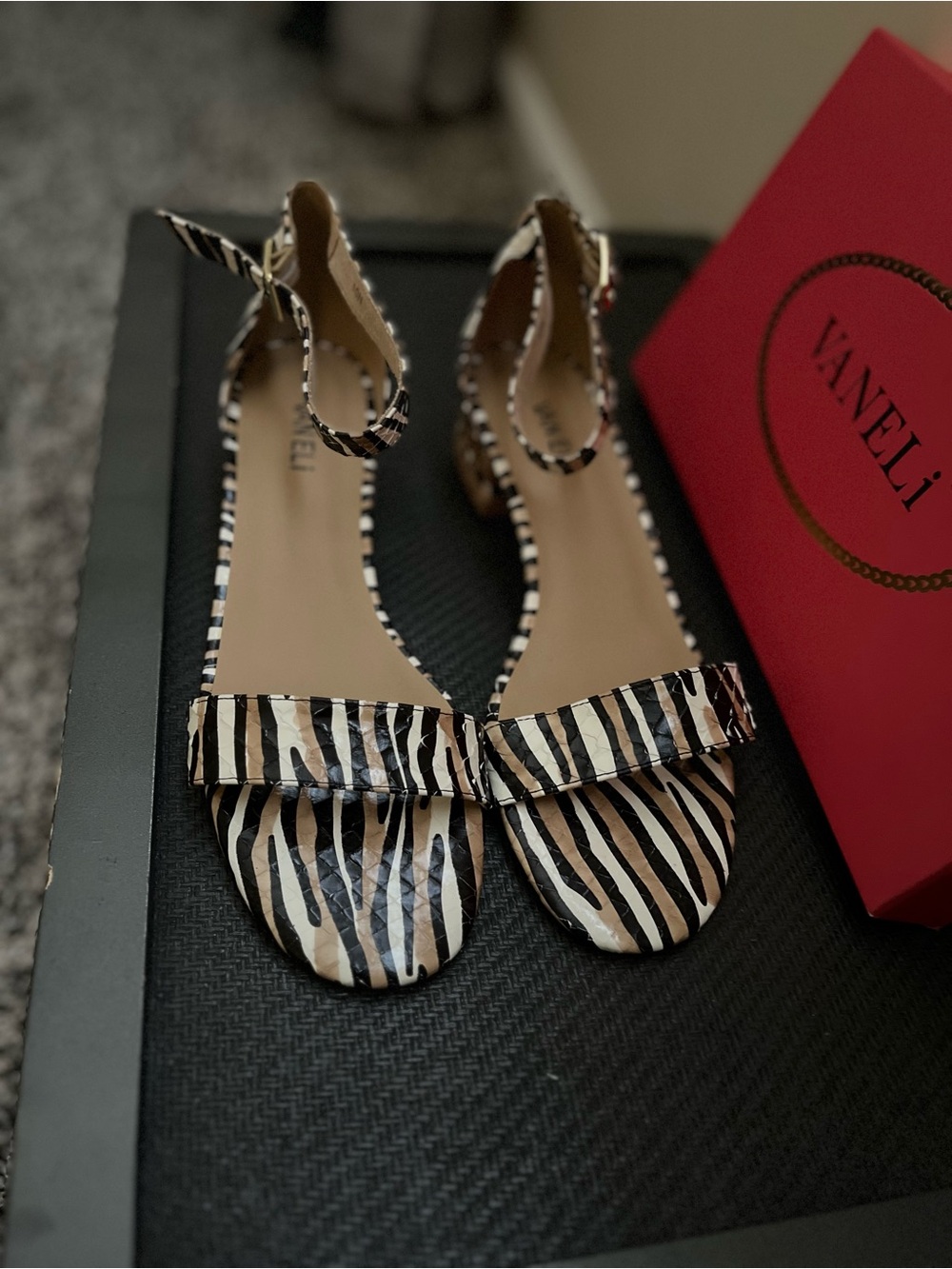 Vaneli Zebra-Print Ankle-Strap Sandals in Black & Cream